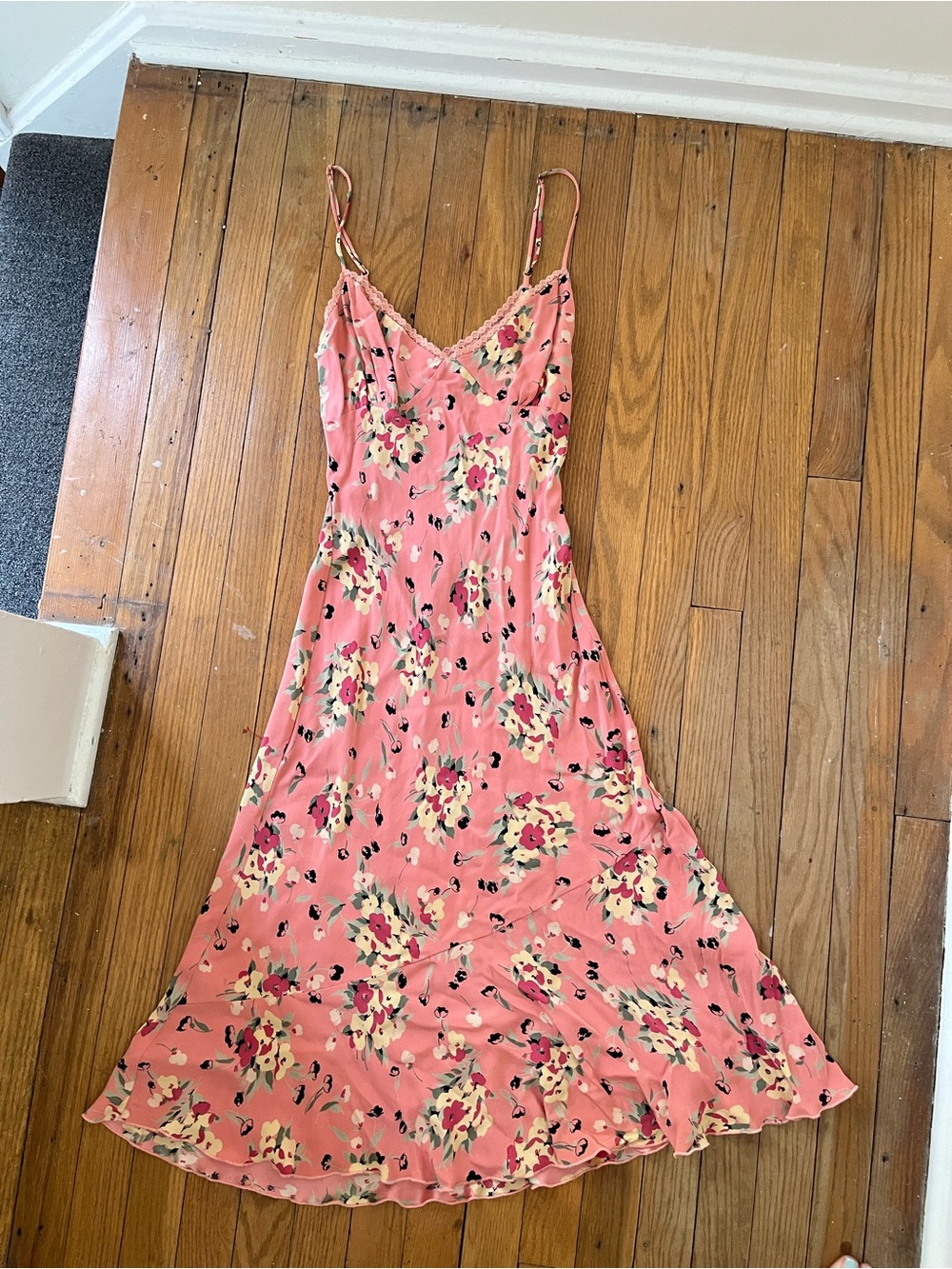 Vintage Betsey Johnson pink floral bias cut slip dress